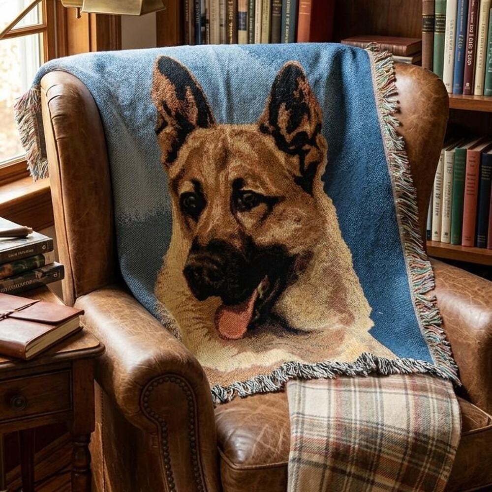 Vintage Linda Picken German Shepherd Dog Woven Tapestry Throw Blanket 47x60 USA
